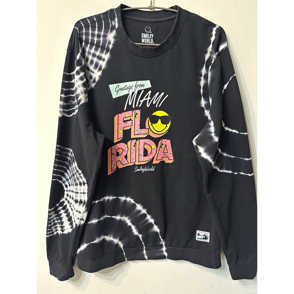 SmileyWorld Miami Florida TieDye Graphic Sweatshirt Size L Black Cotton Crewneck